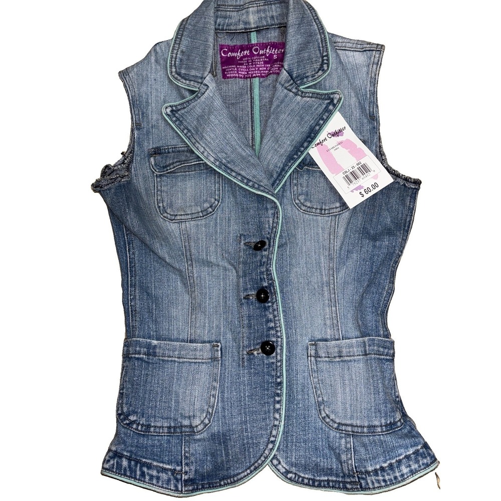 Fitted Denim Trucker Vest Sz Sm Sleeveless Blazer Teal Piping Comfort Outfitter